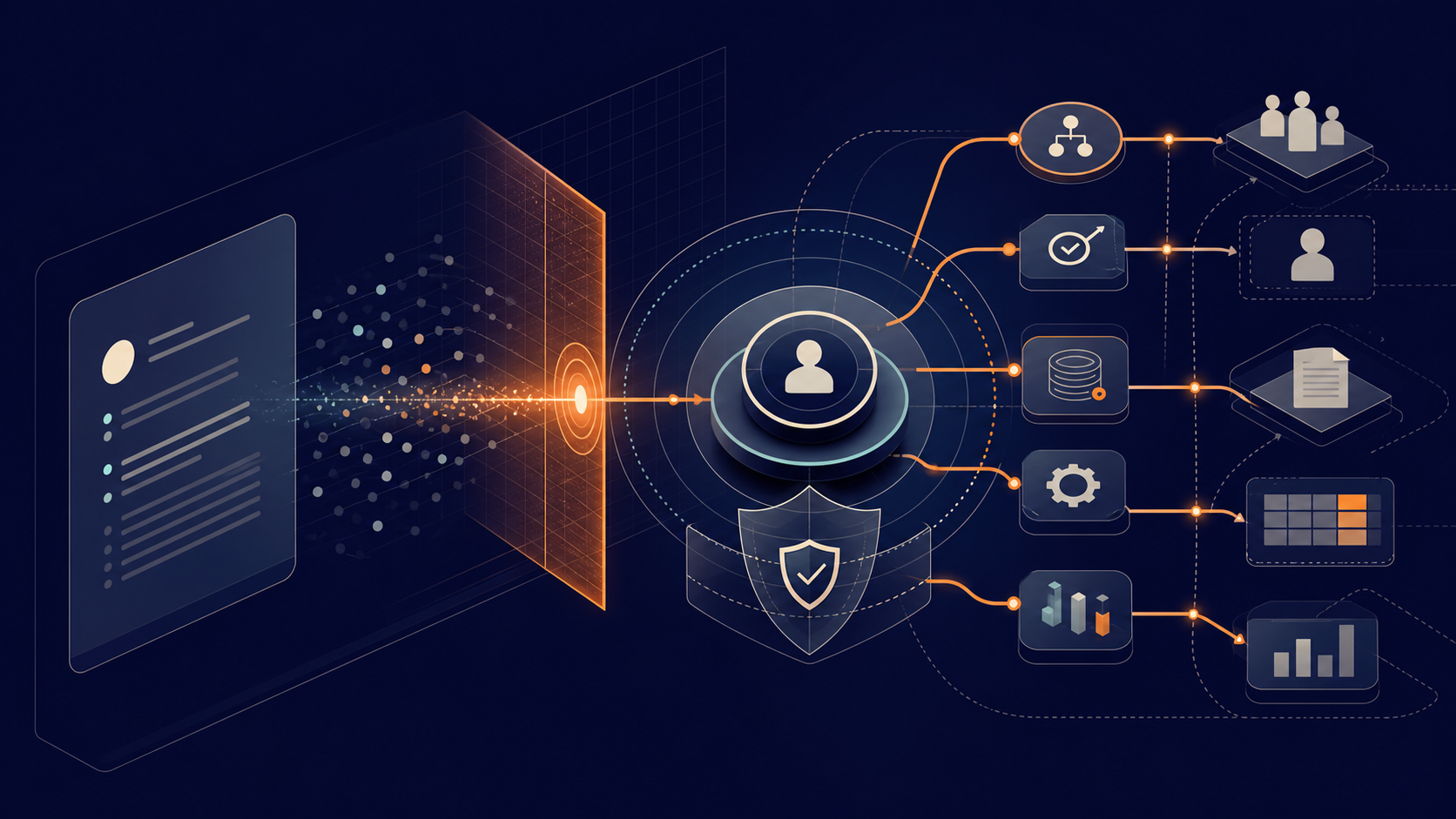 Abstrakte Visualisierung von KI-Agenten, die unter menschlicher Governance von Antworten zu Handlungen in Unternehmensworkflows wechseln