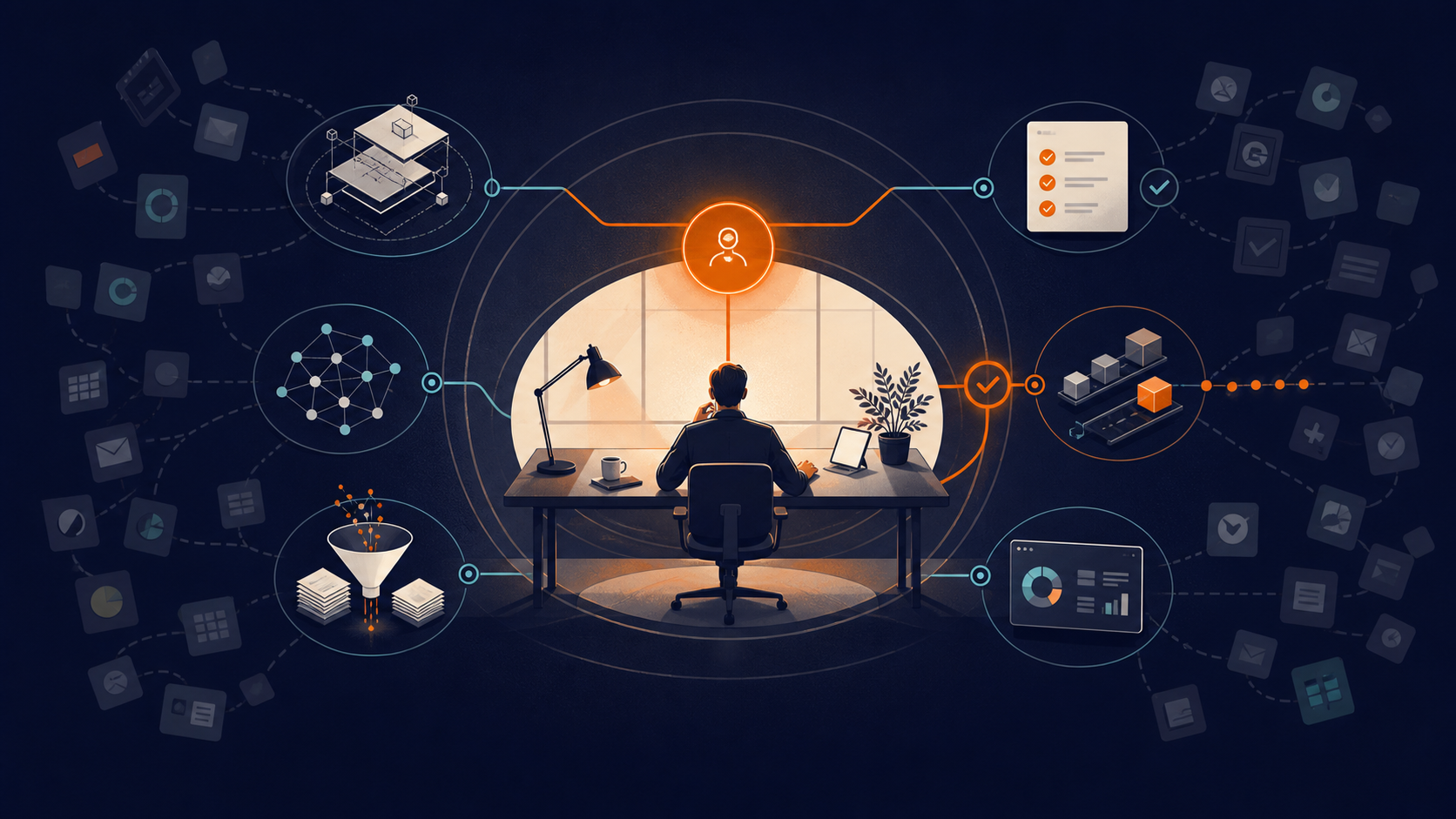 Abstrakte Visualisierung smarter Arbeit mit KI als klares System aus Assistenz, Fokus und menschlicher Entscheidung