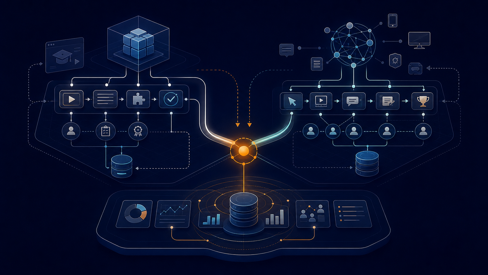 Abstrakte Visualisierung von SCORM und xAPI als zwei Lerntechnologie-Standards, die in einer gemeinsamen Analytics-Schicht zusammenlaufen
