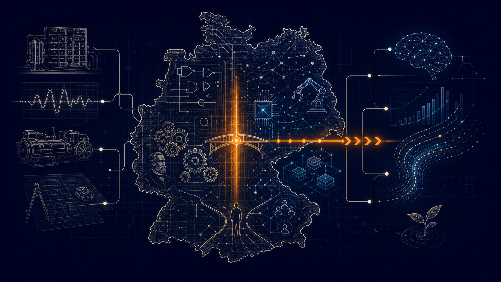 Abstrakte Innovationslandkarte Deutschlands mit historischen Erfindungen, KI- und Robotikpfaden, Kapitalflüssen und Handlungsschwelle