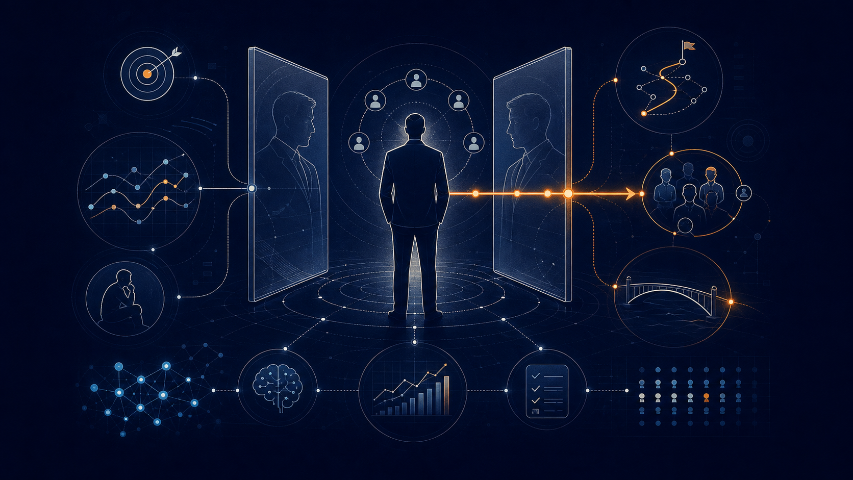 Abstrakte Visualisierung von Leadership Coaching als Reflexionsraum mit Selbstbild, 360-Grad-Feedback, Zielklärung und Transferpfad im KI-Kontext